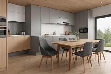 Modern Scandinavian dining room with kitchen zone at the back.