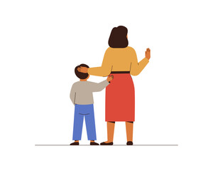 Against Child abuse or maltreatment. Woman who protects small boy. Mother cares about her son and stop bullying by stop gesture. Female person fights with harm to a child. Vector illustration - 756492407