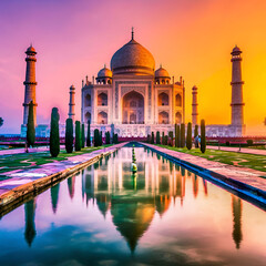 Vertical shot of the historic Taj Mahal reflects ancient spirituality at sunset. AI generated image.