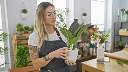 A caucasian woman florist in an apron holding a plant admires her work inside a flower shop,...