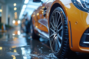 Low angle view on wet car wheel.