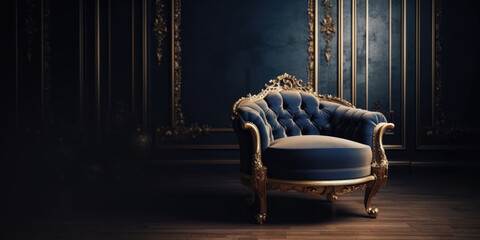 Blue Velvet and Gold Armchair in Dark Blue Interior in Classic Style. Luxury Navy and Golden Chair...