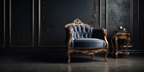 Luxury Royal Armchair in blue velvet upholstery in Classic Interior. Antique Blue Сhair with Gold Accents on a dark Background, copy space	