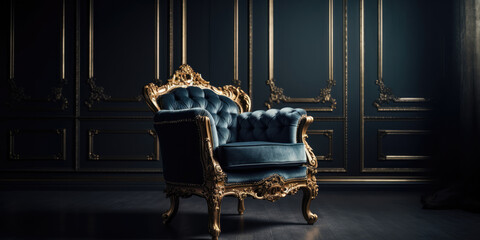 Luxury Royal Armchair in blue velvet upholstery in Classic Interior. Antique Navy Recliner with...
