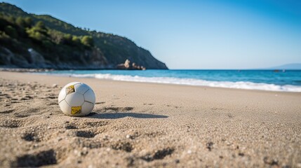 Fototapeta na wymiar Andora, Italy, a soccer ball placed on the sand of the beach waiting for its players.