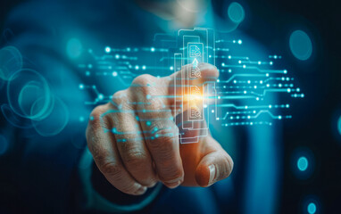 The businessman presses the inscription on the touchscreen interface above his finger, showcasing interaction with modern business technology.