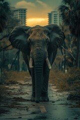 A huge elephant walks through the city at dusk