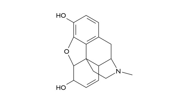 morphine molecule, structural chemical formula, ball-and-stick model, isolated image strong opiate