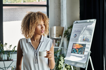 curly african american businesswoman with braces holding cup of coffee beside charts and graphs