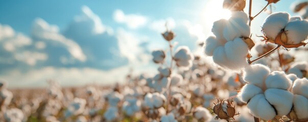 Organic cotton field with white flowers in background - obrazy, fototapety, plakaty