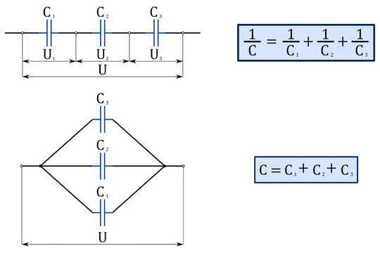 Two diagrams of the connection of three capacitors - series and parallel, expression of the resulting capacity