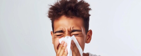 Unhealthy sick man sneezing in to tissue, banner - obrazy, fototapety, plakaty