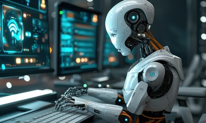 Fototapeta premium Humanoid or AI robot typing or working on computer.