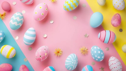 Fototapeta na wymiar Colorful Patterned Easter Eggs on Dual Background.