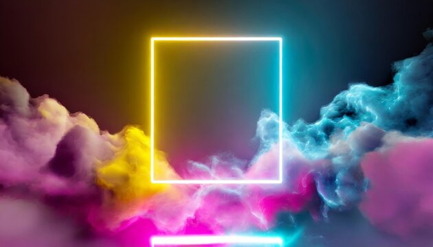 3d render abstract minimal background with pink blue yellow neon light square frame with copy space illuminated stormy clouds glowing geometric shape