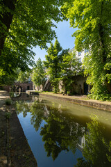 Obraz premium Nieuwegracht Utrecht the Netherlands 2022, Green tree scenery along the canal of the new canal Utrecht Holland.