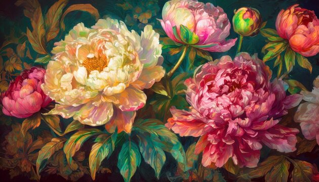 painterly image of colorful peonies rococo style and chiaroscuro lighting vibrant resource background and wallpaper