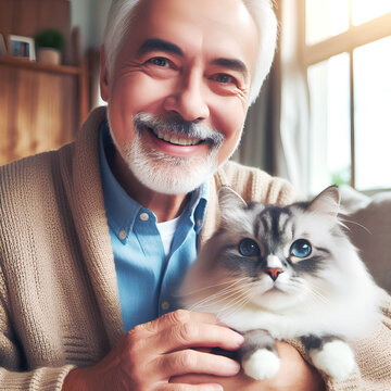A Senior man happy at home with favorite pet cat, love and friendship of human and animal pragma - Generative AI