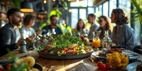 Diverse group in office enjoying meal together promoting sense of community . Concept Workplace Diversity, Team Building, Office Culture, Shared Meals, Community Engagement