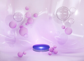 illuminated glass podium on pink background with bubbles and spheres