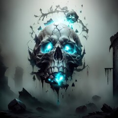 A skeleton's skull and smoke. Horror stories, phantasm background. Gothic style