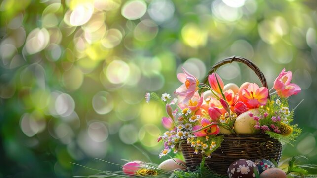 Easter Basket with Colorful Eggs Amidst Spring Flowers.