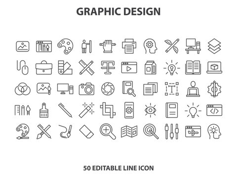 Graphic Design Icons. Editable Stroke. Pixel Perfect. For Mobile and Web. Creativity, Layout, Mobile App Design, Art Tool, Typography, Colour Palette, Pencil, Ruler, Vector, Shape, Logo Design.