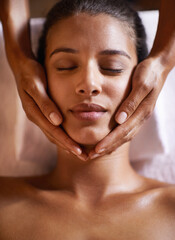 Woman, spa and massage on face with hands and care for facial, wellness and beauty treatment on...