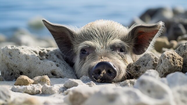 Dirty snout pig looking for food among the stones. Photographed in a polinesian village on a tiny corall atoll (Fanning Atoll, Kiribati) in the middle of the Pacific Ocean.


