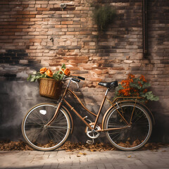 Fototapeta na wymiar A vintage bicycle leaning against a brick wall. 