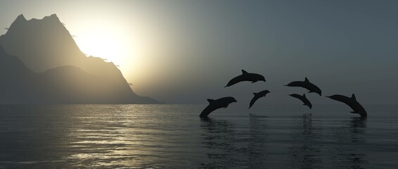 Dolphins at sunset jumping in the water, seascape with dolphins playing at sunset, 3D rendering