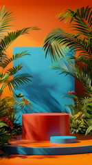 A tropical scene with a red and blue background and a green