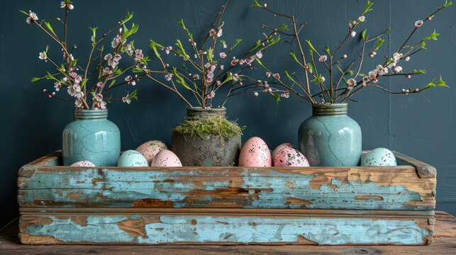 Happy Easter, beautiful interior with colored eggs in old shabby wooden box. Generative AI