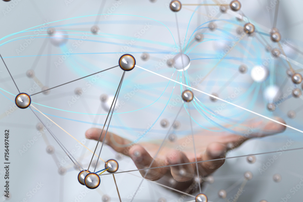 Poster Global network. Blockchain. 3D illustration. Neural networks and artificial intelligence. Abstract