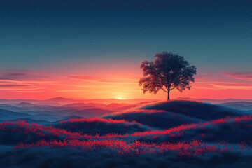 Drawing landscape  a tree on sunset sky background. Generative ai. - 756497441