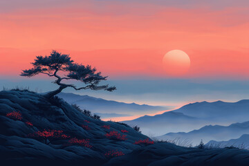 Drawing landscape  a tree on sunset sky background. Generative ai. - 756497444