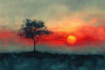 Drawing landscape  a tree on sunset sky background. Generative ai. - 756497447
