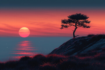 Drawing landscape  a tree on sunset sky background. Generative ai. - 756497448