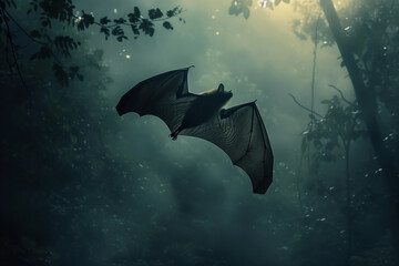 bat flying in dark  forest