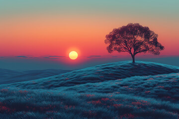 Drawing landscape  a tree on sunset sky background. Generative ai. - 756497498