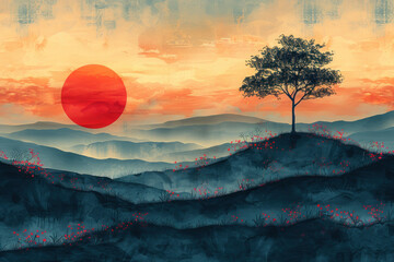 Drawing landscape  a tree on sunset sky background. Generative ai. - 756497499