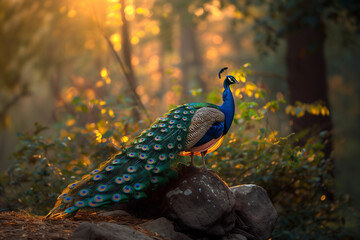 Majestic peacock stands proud in natural habitat sunset light