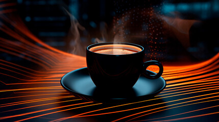 hot coffee in the glass with a steam on the table, close up, vertical photo.
