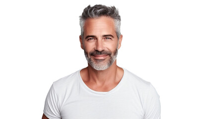 Obraz premium Portrait of a well-groomed mature man with grey hair and a beard, happy smiling, isolated on transparent background cutout
