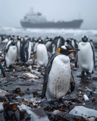 Obraz premium A colony of penguins waddling through a sea of trash