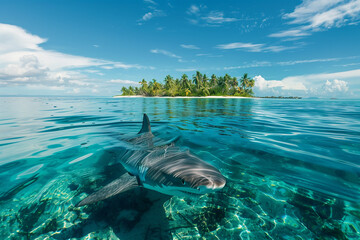 Shark underwater swim in the sea close to island