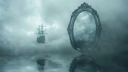 A magic mirror revealing a hidden ghostly ship amidst a foggy haunted sea