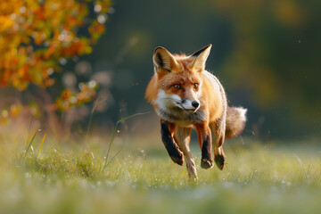 red fox running in a meadow