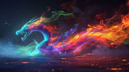 A mythical creature embodying the power of neon fire dragon leaving a trail of vibrant colors in its wake