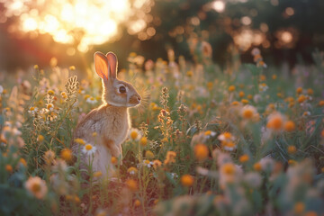Cute little rabbit sitting in the garden